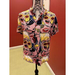 Vibrant Pop Art Comic Book Print Button-Up Rayon Men's S/S Shirt SM